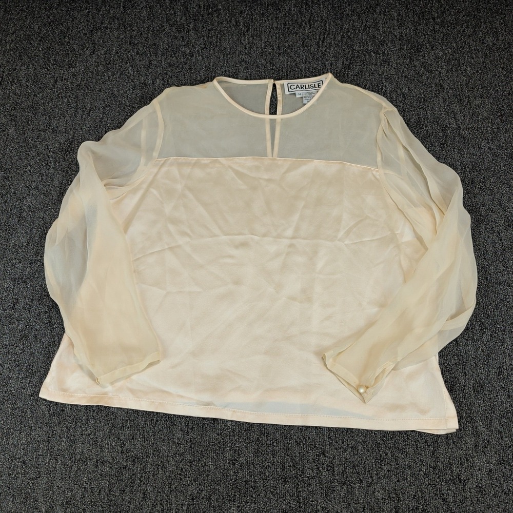 Carlisle Women Blouse 14 Silk Cream 80s Vintage Sheer Yoke Satin Long Sleeve Top